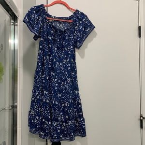 Blue floral midi sundress off the shoulder.